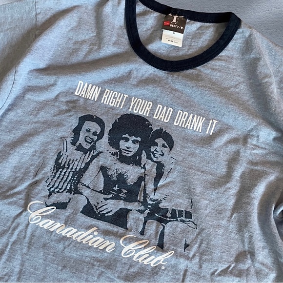💥SOLD💥Vtg Ringer T Shirt Whiskey Canadian Club Bar Drink Heathered Blue Dad - Picture 3 of 7